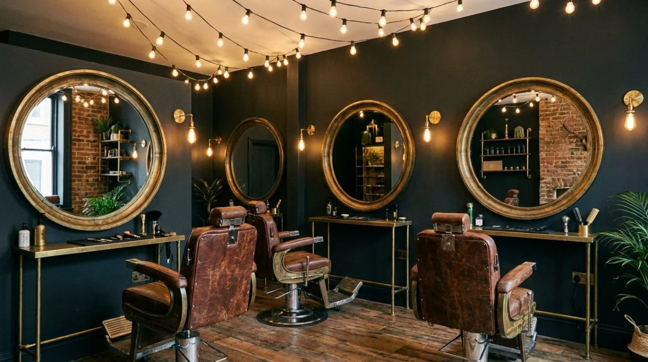 Barber giving a client a fresh fade haircut in a modern barbershop
