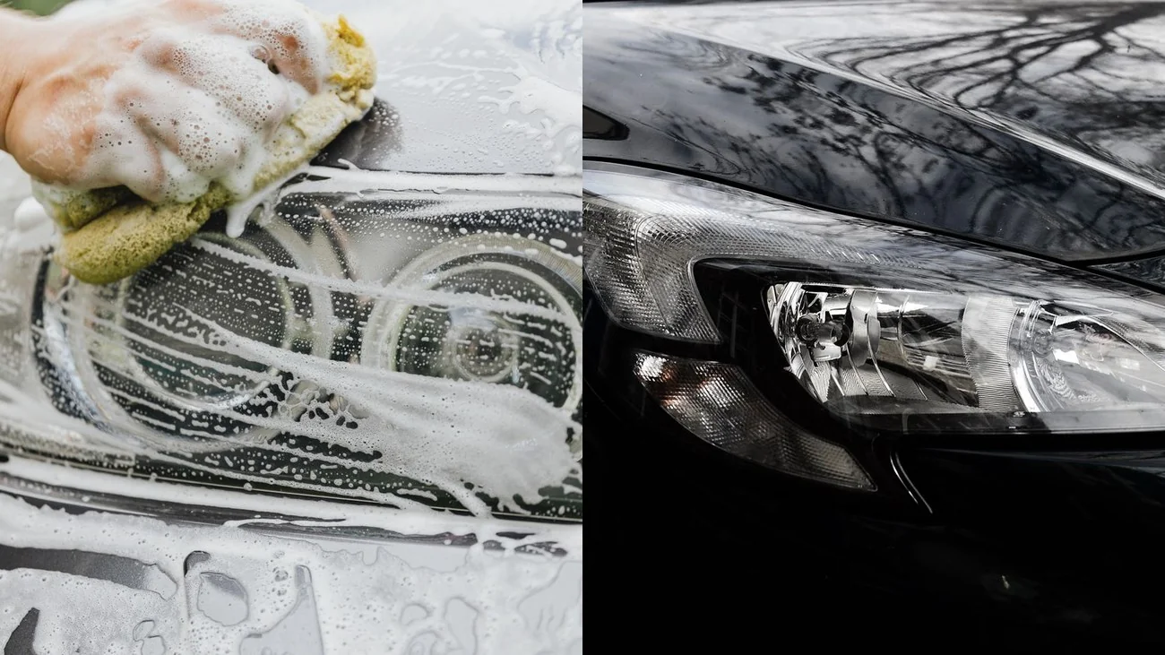 Before and after comparison of a car's paint finish
