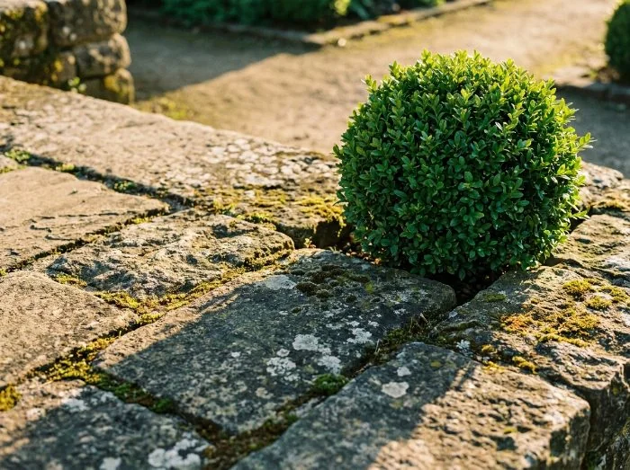 Stone pavers with a trimmed boxwood shrub