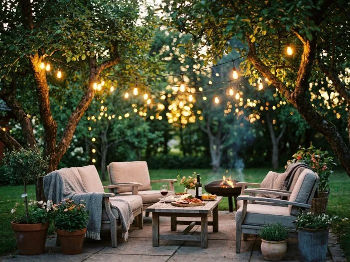 String lights over a garden patio at dusk