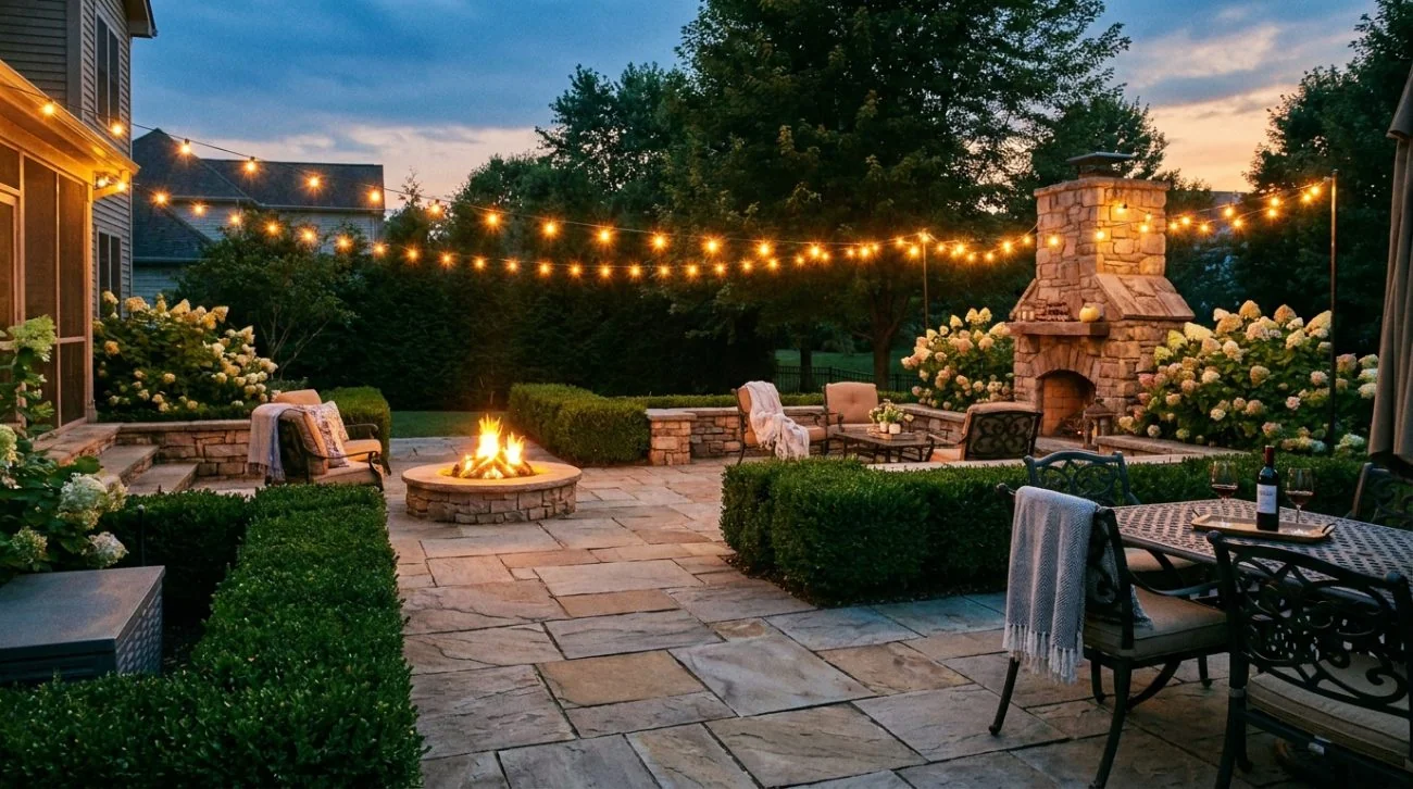 Landscaped backyard with stone patio and fresh planting beds