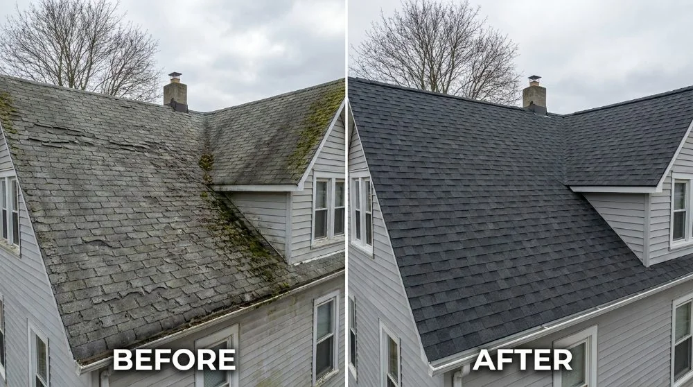 Before and after photo of a roof replacement