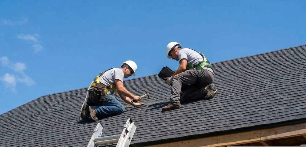 Roofing crew at work on a residential roof