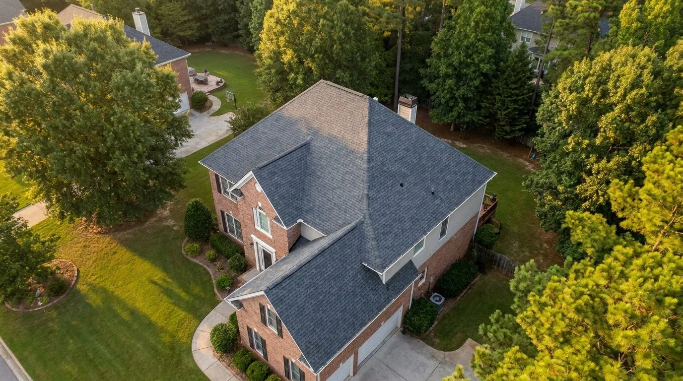Drone photo of a roofing project